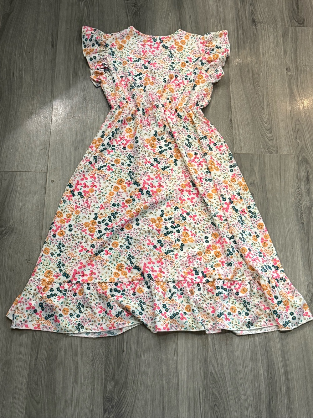 Floral Maxi Dress with Ruffle Sleeves — White Pink Green